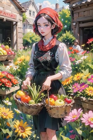 A medieval girl in traditional dress, vegetables and fruits, at a farmer's market, mysterious medieval, masterpiece,High detailed,watercolor,polish dress