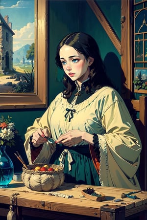 1girl, a medieval witch, makng a magic potion, various potion-making tools, dried herbs and plants, woven baskets, spring color palette, medieval traditional attire, magic potions, by Vermeer. masterpiece,More Detail, vivid colors, (masterpiece, top quality, best quality, official art, beautiful and aesthetic:1.2), extreme detailed, highest detailed, ,Colors,Color Booster,oil painting,classic painting