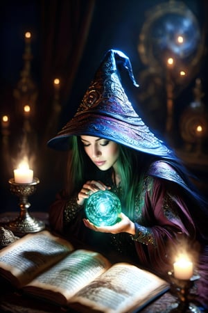 (masterpiece, top quality, best quality, official art, beautiful and aesthetic:1.2), A witch engrossed in the study of magic, a magic array glowing on the pages of a spellbook, (dimly lit workshop:1.2), witch robe, witch hat, portrait, extreme detailed, highest detailed, simple background, 16k, high resolution, perfect dynamic composition, (sharp focus:1.2), super wide angle, high angle, high color contrast, medium shot, depth of field, blurry background,DonMM4g1cXL 