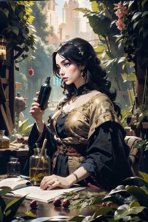 1girl, a medieval witch, makng a magic potion, various potion-making tools, dried herbs and plants, woven baskets, spring color palette, medieval traditional attire, magic potions, by Vermeer. masterpiece,More Detail, vivid colors, (masterpiece, top quality, best quality, official art, beautiful and aesthetic:1.2), extreme detailed, highest detailed,oil painting,classic painting