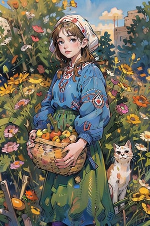 A medieval girl in traditional dress, vegetables and fruits, at a farmer's market, mysterious medieval, masterpiece,High detailed,watercolor,simplecats,ukrainian dress