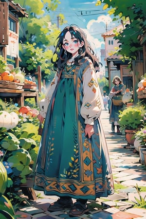 A medieval girl in traditional dress, vegetables and fruits, at a farmer's market, mysterious medieval, masterpiece,High detailed,watercolor,edgRenaissance,cartoon