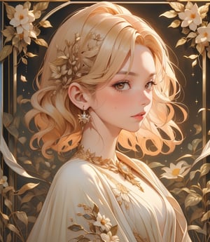 Art nouveau illustration of a girl with white robe in a colorful garden, portrait, sparkling beautiful eyes, blonde hair, flowers, garden, elaborate scene style, glitter, orange, realistic style, 8k,exposure blend, medium shot, bokeh, (hdr:1.4), high contrast, (cinematic, dark orange and white film), (muted colors, dim colors, soothing tones:1.3), low saturation, (hyperdetailed:1.2), perfect hands, perfect fingers, photorealistic, cinematic and dramatic back lighting. Alfons Mucha style, Art Nouveau Style,
The girl is standing gracefully amidst a lush garden bursting with vibrant blooms. She is adorned in a flowing gown woven from petals and leaves, her hair entwined with delicate blossoms, emitting a sweet fragrance that fills the air.,perfect light,greek clothes,gem,portrait,oil painting,ruanyi0273,mucha art style,classic painting,DonMSt34mP,illustration,fcloseup,1 girl,tranzp
