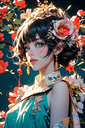 anime delicate detailed concept art, masterpiece, ultra realistic illustration, ultra hires, ultra highres, BREAK woman, close up shot, face focused, sparkling beautiful eyes, blue eyes, silver hair, flat bangs, flower dress, colorful, vibrant colors, darl background, green theme, beautiful colorful flowers backgrounds, exposure blend, medium shot, bokeh, (hdr:1.4), high contrast, (cinematic, teal and orange:0.85), (muted colors, dim colors, soothing tones:1.3), low angle saturation,from below, looking away, Shinkai makoto, //Lighting atmospheric lighting, volumetric lighting, light_particles, soft light, soft shadow, fine detailed, volumetric top lighting,Grt2c,Oiran