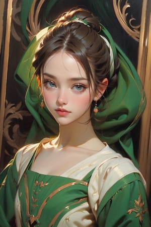 1 girl, in the style of green and white, Renaissance beauty, by Raphael,masterpiece,oil painting,classic painting,High detailed,More Detail,Colors,edgRenaissance