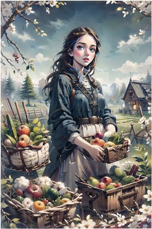 A medieval girl in traditional dress, vegetables and fruits, at a farmer's market, mysterious medieval, masterpiece,oil painting,classic painting,High detailed,CrclWc,swedish dress