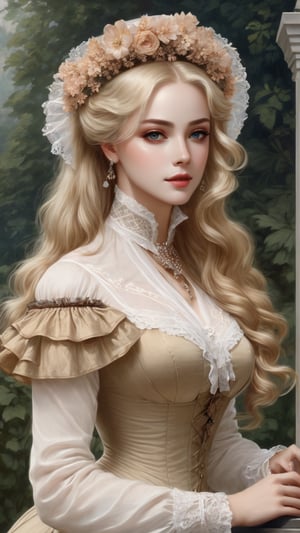 A girl in the Victorian era, outdoor, (masterpiece, top quality, best quality, official art, beautiful and aesthetic:1.2), (1girl:1.4), blonde hair, portrait, extreme detailed, highest detailed,hubggirl, art nouveau
