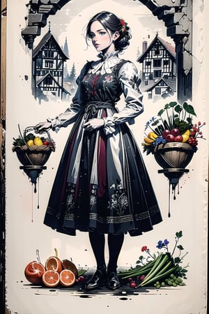 A medieval girl in traditional dress, vegetables and fruits, at a farmer's market, mysterious medieval, masterpiece,High detailed,CrclWc,Detail,Half-timbered Construction,polish dress,INK art
