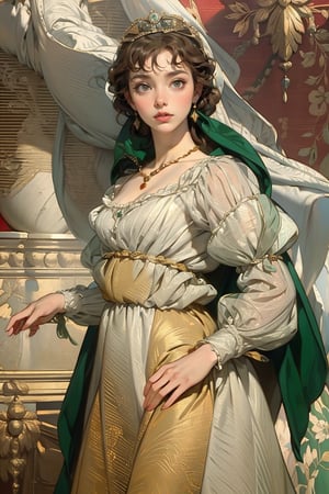 A Young Princess, green and white dress, 
red and gold background, 
by Jan Gossaert, 
masterpiece,edgRenaissance,renaissance,wearing edgRenaissance