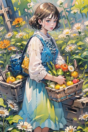 A medieval girl in traditional dress, vegetables and fruits, at a farmer's market, mysterious medieval, masterpiece,High detailed,CrclWc,Detail,watercolor,simplecats,swedish dress
