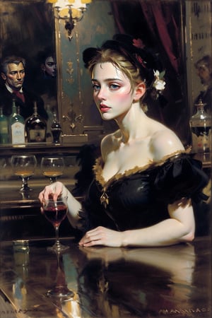 In a bustling Parisian bar with a bartender and patrons engaged in lively conversations, with reflections of the barmaid and the surrounding atmosphere in the mirrors behind. Capturing the essence of Manet's 'A Bar at the Folies-Bergeres'. 1girl, 
Masterpiece,oil painting,High detailed,masterpiece,classic painting