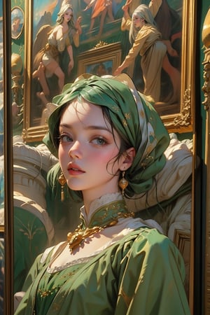 1 girl, in the style of green and white, Renaissance beauty, by Raphael,masterpiece,oil painting,classic painting,High detailed,More Detail,Colors,edgRenaissance,