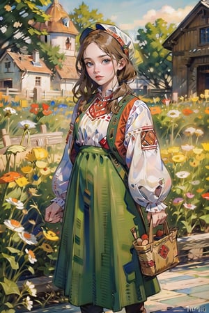 A medieval girl in traditional dress, vegetables and fruits, at a farmer's market, mysterious medieval, masterpiece,High detailed,watercolor,ukrainian dress