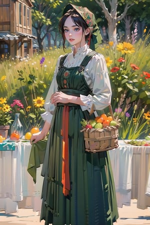 A medieval girl in traditional dress, vegetables and fruits, at a farmer's market, mysterious medieval, masterpiece,High detailed,watercolor,slavic dress