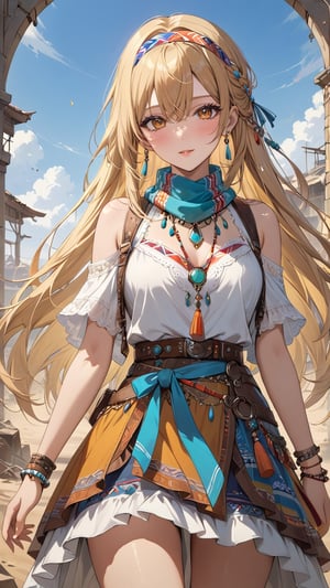 A stunning young woman dressed in Bohemian-style attire, (long straight hair:1.4), adorned with soft fabrics, white lace shirt, ethnic pattern prints layered skirt, bracelets, tassels, headbands, belts, and leather accents, exuding a free-spirited charm. (masterpiece, top quality, best quality, official art, beautiful and aesthetic:1.2), (1girl:1.4), blonde hair, portrait, extreme detailed, highest detailed, depth of field. full body shot, layered jewelry, headscarve, wasteland style,Expressiveh