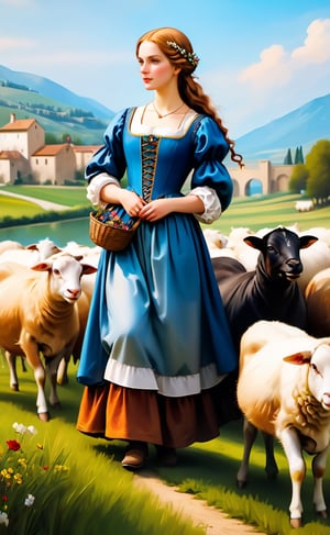 A shepherdess, in the style of the Renaissance, exuding elegance amidst pastoral beauty. (masterpiece, top quality, best quality, official art, beautiful and aesthetic:1.2), (1girl:1.4), portrait, extreme detailed, highest detailed, simple background, 16k, high resolution, perfect dynamic composition, bokeh, (sharp focus:1.2), super wide angle, high angle, high color contrast, medium shot, depth of field, blurry background,more detail XL,colorful, by Leonardo da Vinci