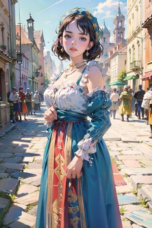 A medieval girl in traditional dress, in a town square, mysterious medieval, masterpiece,High detailed,watercolor,edgRenaissance,wearing edgRenaissance, festival, medieval bacchanalia, 