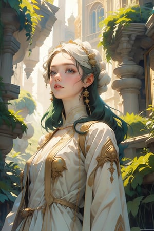 A serene maiden, clad in ethereal robes of pale green and creamy white, stands amidst a lush verdant backdrop, Renaissance beauty, by Raphael, masterpiece,Colors,edgRenaissance,