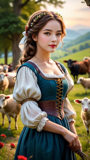 A shepherdess in the style of the Renaissance, exuding elegance amidst pastoral beauty. (masterpiece, top quality, best quality, official art, beautiful and aesthetic:1.2), (1girl:1.4), portrait, extreme detailed, highest detailed, simple background, 16k, high resolution, perfect dynamic composition, bokeh, (sharp focus:1.2), super wide angle, high angle, high color contrast, medium shot, depth of field, blurry background,more detail XL,colorful