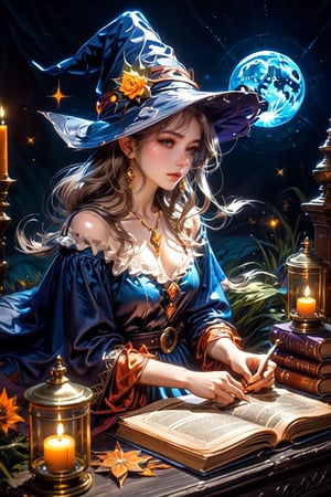 (masterpiece, top quality, best quality, official art, beautiful and aesthetic:1.2), A witch engrossed in the study of magic, a magic array glowing on the pages of a spellbook, (dimly lit workshop:1.2), witch robe, witch hat, portrait, extreme detailed, highest detailed, simple background, 16k, high resolution, perfect dynamic composition, (sharp focus:1.2), super wide angle, high angle, high color contrast, medium shot, depth of field, blurry background,