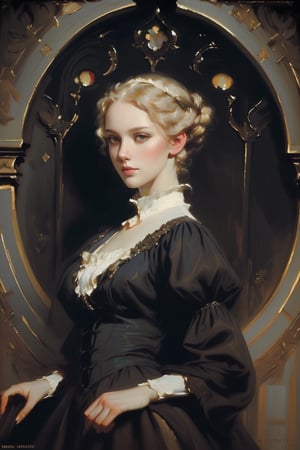 A girl in the Victorian era, promenade attire, (masterpiece, top quality, best quality, official art, beautiful and aesthetic:1.2), (1girl:1.4), vivid color, blonde hair, extreme detailed, highest detailed,oil painting,masterpiece,classic painting