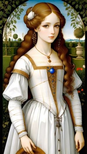 A protrait, resplendent ornate girl in the garden, wearing white taffeta dress, by Leonardo da Vinci,more detail XL,art_booster,