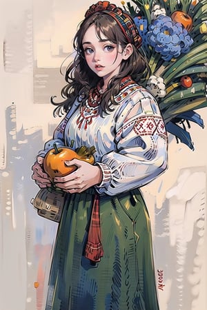 A medieval girl in traditional dress, vegetables and fruits, at a farmer's market, mysterious medieval, masterpiece,High detailed,watercolor,simplecats,ukrainian dress