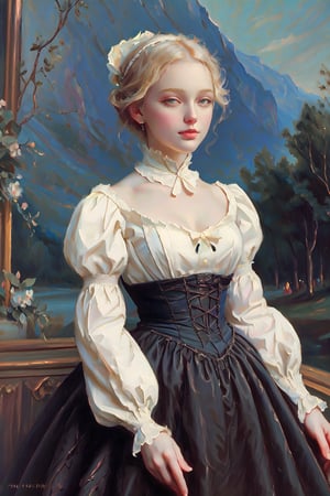 A girl in the Victorian era, promenade attire, coordinated colors. outdoor, (masterpiece, top quality, best quality, official art, beautiful and aesthetic:1.2), (1girl:1.4), blonde hair, extreme detailed, highest detailed,oil painting