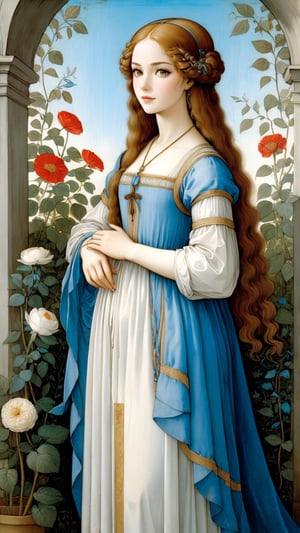 A protrait, resplendent ornate girl in the garden, wearing light white blue dress, by Leonardo da Vinci,art_booster, 