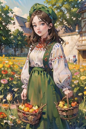 A medieval girl in traditional dress, vegetables and fruits, at a farmer's market, mysterious medieval, masterpiece,High detailed,watercolor,ukrainian dress