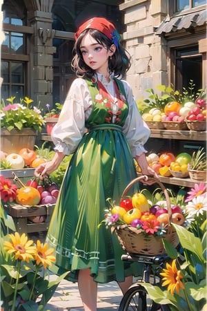 A medieval girl in traditional dress, vegetables and fruits, at a farmer's market, mysterious medieval, masterpiece,High detailed,watercolor,polish dress