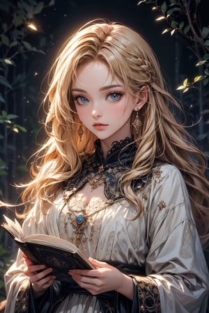 A beautiful witch in white, reading a grimoire in a starry night, in an enchanting forest, surrounded by mystical atmosphere and magical ambiance, glitters, glowing particles, misty. (masterpiece, top quality, best quality, official art, beautiful and aesthetic:1.2), (1girl:1.4), upper body, blonde hair, portrait, extreme detailed, fantasy art, intricate arcane wiccan designs, centralasia