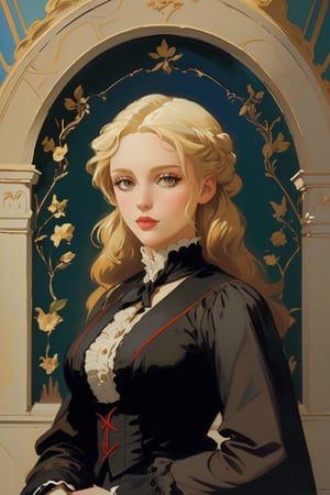 A girl in the Victorian era, promenade attire, (masterpiece, top quality, best quality, official art, beautiful and aesthetic:1.2), (1girl:1.4), vivid color, blonde hair, extreme detailed, highest detailed,oil painting,masterpiece,classic painting
