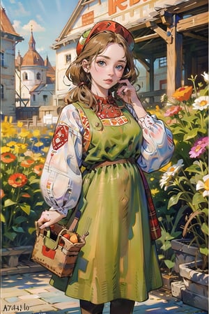 A medieval girl in traditional dress, vegetables and fruits, at a farmer's market, mysterious medieval, masterpiece,High detailed,watercolor,ukrainian dress