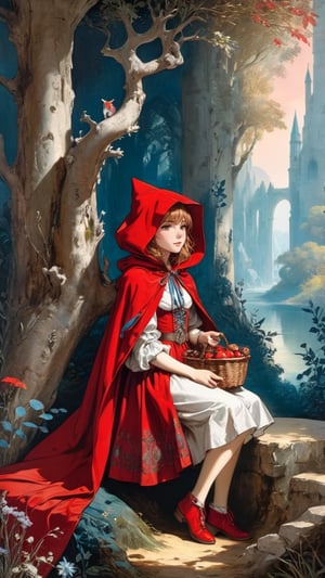 (1 girl:1.2), 'Little Red Riding Hood', Grimm's fairy tale and the Renaissance by Gustave Moreau, maximalism luxury and vibrant, daytime, outdoor, landscape, pastel colors, smooth and beautiful lines, ultra-realistic, fine textures and rich details, colorful,
