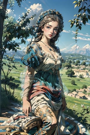 1 girl of the meadow, landscape, Renaissance beauty, by Raphael, masterpiece,renaissance,edgRenaissance,wearing edgRenaissance,1 girl,glitter