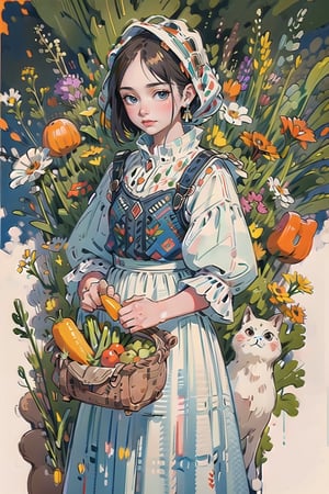 A medieval girl in traditional dress, vegetables and fruits, at a farmer's market, mysterious medieval, masterpiece,High detailed,CrclWc,Detail,watercolor,simplecats,slavic dress