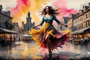A watercolor-rendered pen sketch featuring splatter art, chaotic rendering, and a post-apocalyptic vibe. A Bohemian maiden dancing in the town square, her long hair and flowing skirt swaying with her graceful movements, exuding beauty and allure. The background depicts a town square at dawn, with three-dimensional lighting effects and backlighting, masterpiece. Made in canvas, ultra realistic, dripping paint, skirt made entirely of coloured paint and splattered with paint, abstract, dancing, spinning pose, dynamic pose, dancing pose,liquid dress,liquid dress,oil paint,wtrcolor style,oil painting,watercolor