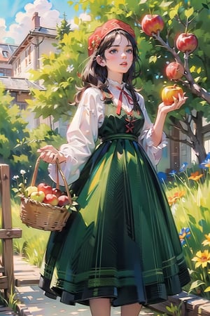 A medieval girl in traditional dress, picking apples from an apple tree, mysterious medieval, masterpiece,High detailed,watercolor,polish dress
