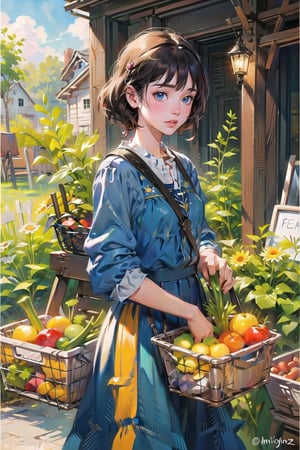 A medieval girl in traditional dress, vegetables and fruits, at a farmer's market, mysterious medieval, masterpiece,High detailed,watercolor,swedish dress