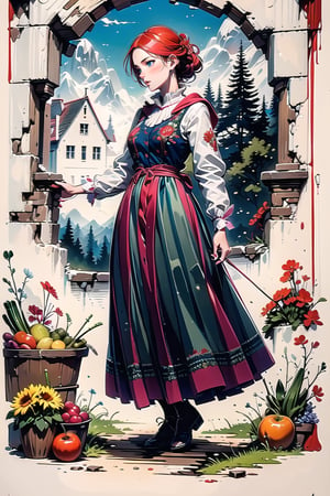 A medieval girl in traditional dress, vegetables and fruits, at a farmer's market, mysterious medieval, masterpiece,High detailed,CrclWc,Detail,Half-timbered Construction,INK art,polish dress