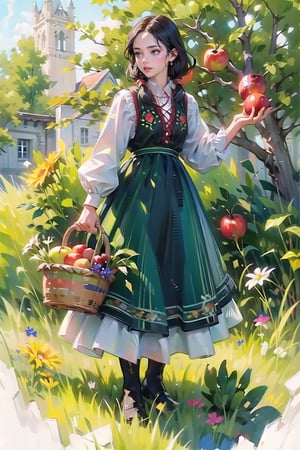 A medieval girl in traditional dress, picking apples from an apple tree, mysterious medieval, masterpiece,High detailed,watercolor,polish dress