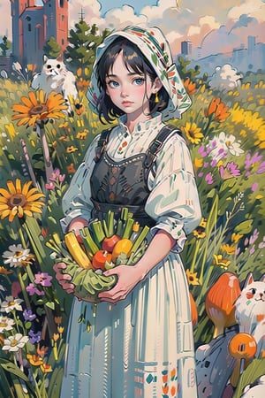 A medieval girl in traditional dress, vegetables and fruits, at a farmer's market, mysterious medieval, masterpiece,High detailed,CrclWc,Detail,watercolor,simplecats,slavic dress