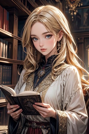 A beautiful witch in white, reading a grimoire in an enchanting library, surrounded by mystical atmosphere and magical ambiance. (masterpiece, top quality, best quality, official art, beautiful and aesthetic:1.2), (1girl:1.4), upper body, blonde hair, portrait, extreme detailed, fantasy art, intricate arcane wiccan designs, centralasia