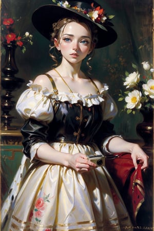 A girl wearing a floral dress, a flowered hat, Capturing the essence of Manet's 'Spring',
(masterpiece, top quality, best quality, official art, beautiful and aesthetic:1.2), extreme detailed, highest detailed, ,Masterpiece,Color Booster