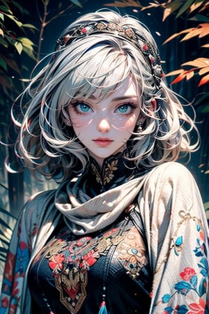 ((Enchanting)) forest scene, 1 girl, wearing attractive bard costume, flowing tunic with intricate embroidery, velvet cloak, scarf, wide belt with colorful ribbons and trinkets, leather boots. layered braid adorned with a glamorous scarf or headpiece, delicate, mysterious smile, wisdom and creativity, silver-white hair, short hair, straight line cut bangs, blunt bangs, extreme detailed, realistic, solo, beautifully detailed eyes, detailed fine nose, detailed fingers, head to thigh, (masterpiece, top quality, best quality, official art, beautiful and aesthetic:1.2),(1girl:1.4), navia, blonde hair, portrait,,extreme detailed,(colorful:1.3),highest detailed,(aristocracy:1.3), landscape