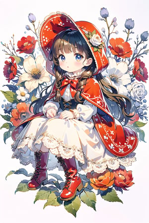 1 little girl, masterpiece, beautiful details, perfect focus, uniform 8K wallpaper, high resolution, exquisite texture in every detail, white background, flowers, outdoor, sky, looking at camera, skp style, greeting card style captures fairytale essence, hyper detailed whimsical "Little Red Riding Hood" with sparkling beautiful eyes, full body shot, ral-vltne, elaborate riding hood cape outfit, dress of vibrant reds, lace up victorian boots on her feet.van Gogh style