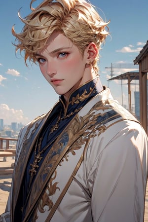 1 man, outdoor, sky, extreme detailed, realistic, solo, official art, extremely detailed, extreme realistic, beautifully detailed eyes, detailed fine nose, detailed fingers, wearing gold embroidered jacket court uniform costume, high quality, beautiful high detailed blonde short hair. art Nouveau,ragnaroklordkn,cute blond boy,vane /(granblue fantasy/),wrenchftmfshn