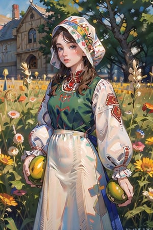 A medieval girl in traditional dress, vegetables and fruits, at a farmer's market, mysterious medieval, masterpiece,High detailed,watercolor,ukrainian dress