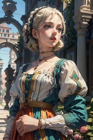 1 girl of the meadow, landscape, Renaissance beauty, by Raphael, masterpiece,renaissance,edgRenaissance,wearing edgRenaissance,1 girl,